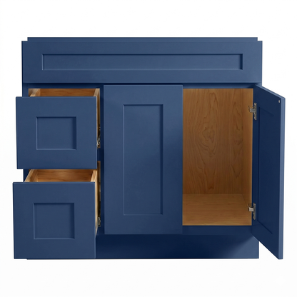 RTA Blue Shaker 36" Freestanding Bathroom Vanity 2-Drawer Left Combo Base