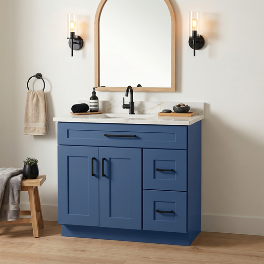 RTA Blue Shaker 36" Freestanding Bathroom Vanity 2-Drawer Right Combo Base