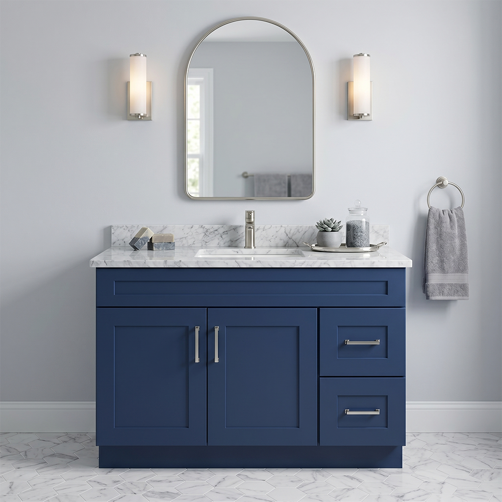 RTA Blue Shaker 42" Freestanding Bathroom Vanity 2-Drawer Right Combo Base