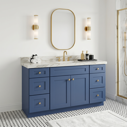 RTA Blue Shaker 54" Freestanding Bathroom Vanity 6-Drawer Combo Base