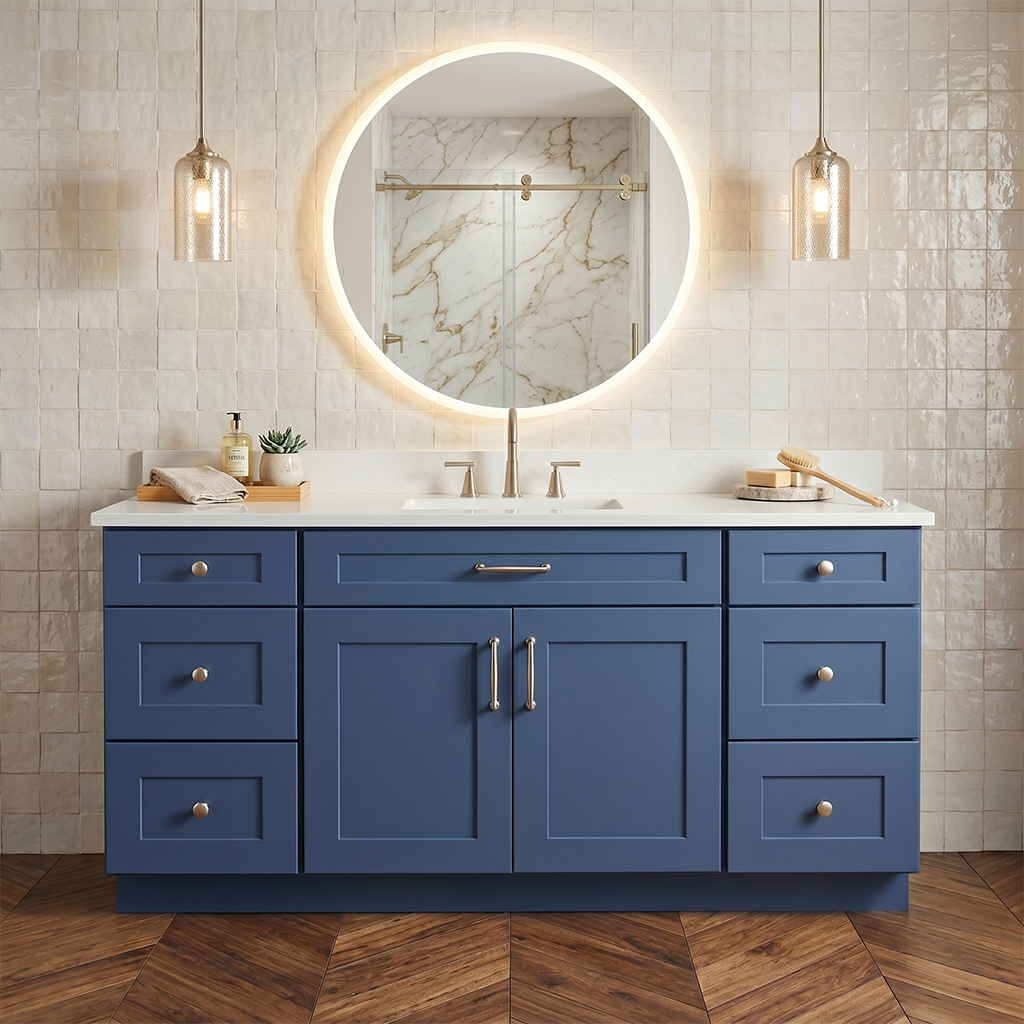 RTA Blue Shaker 60" Freestanding Bathroom Vanity 6-Drawer Combo Base