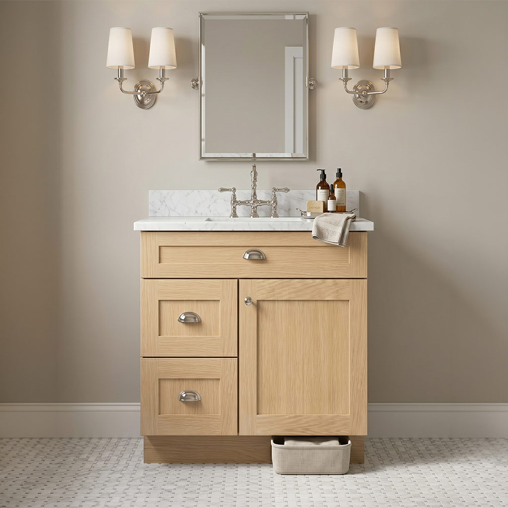 RTA Dune Oak Shaker 30" Freestanding Bathroom Vanity 2-Drawer Left Combo Base