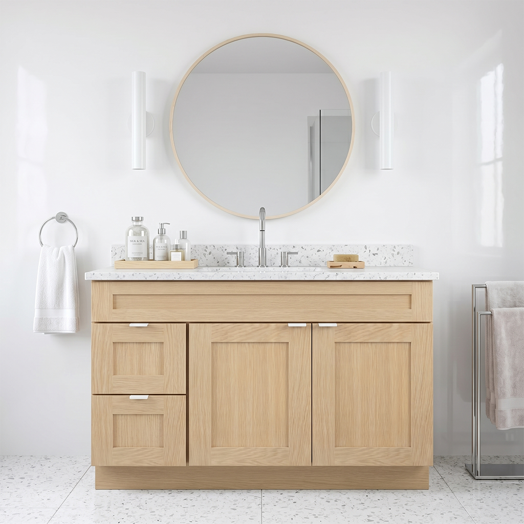 RTA Dune Oak Shaker 42" Freestanding Bathroom Vanity 2-Drawer Left Combo Base