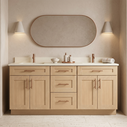 RTA Dune Oak Shaker 72" Freestanding Bathroom Vanity 3-Drawer Combo Base