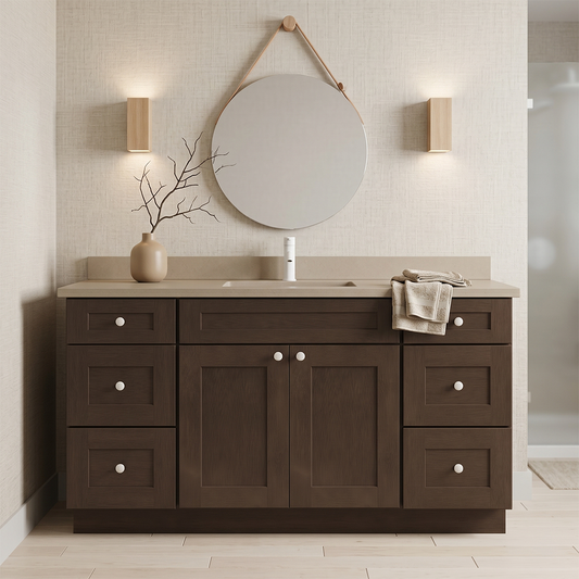 RTA Graphite Grain Shaker 60" Freestanding Bathroom Vanity 6-Drawer Combo Base