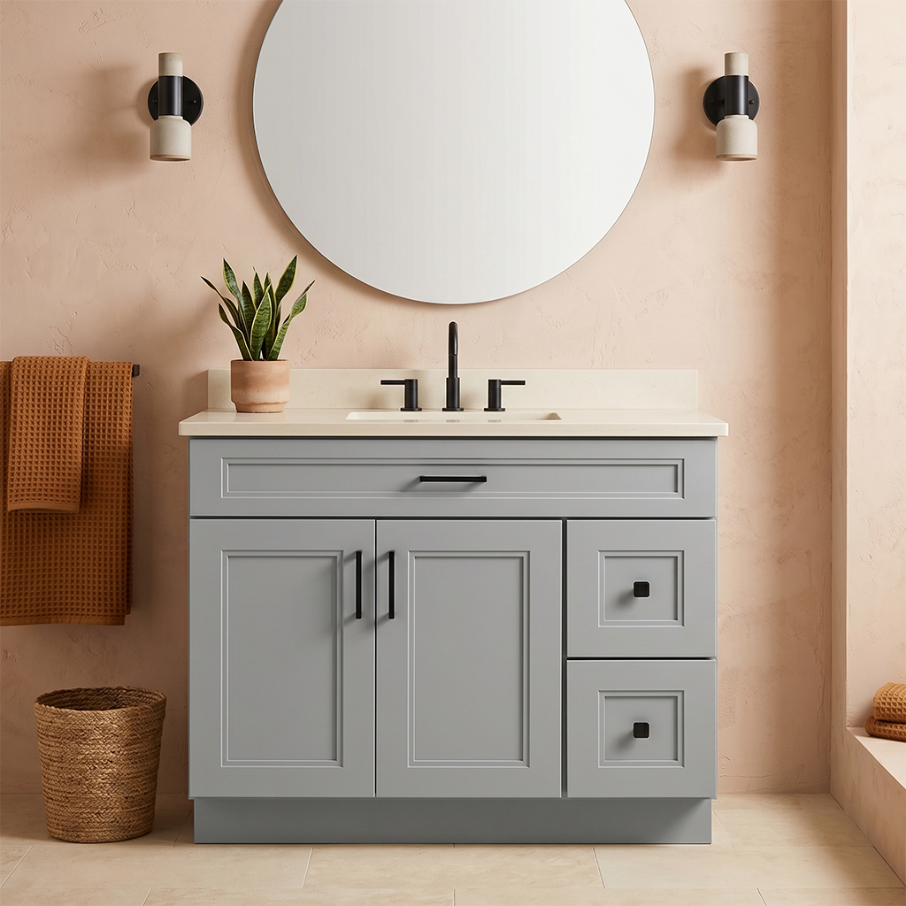 RTA Grey Double Shaker 42" Freestanding Bathroom Vanity 2-Drawer Right Combo Base