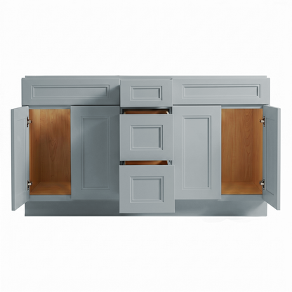 RTA Grey Double Shaker 60" Freestanding Bathroom Vanity 3-Drawer Combo Base