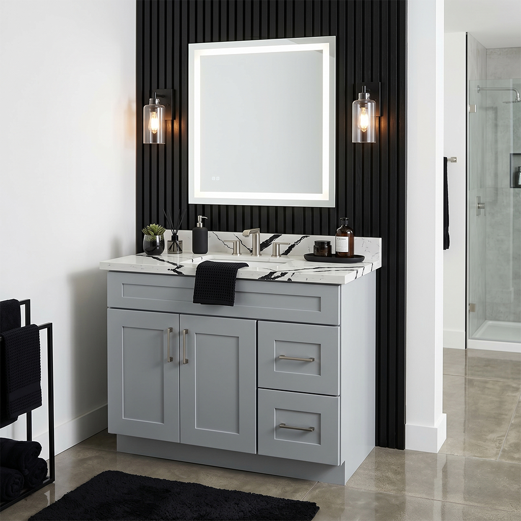 RTA Grey Shaker 36" Freestanding Bathroom Vanity 2-Drawer Right Combo Base