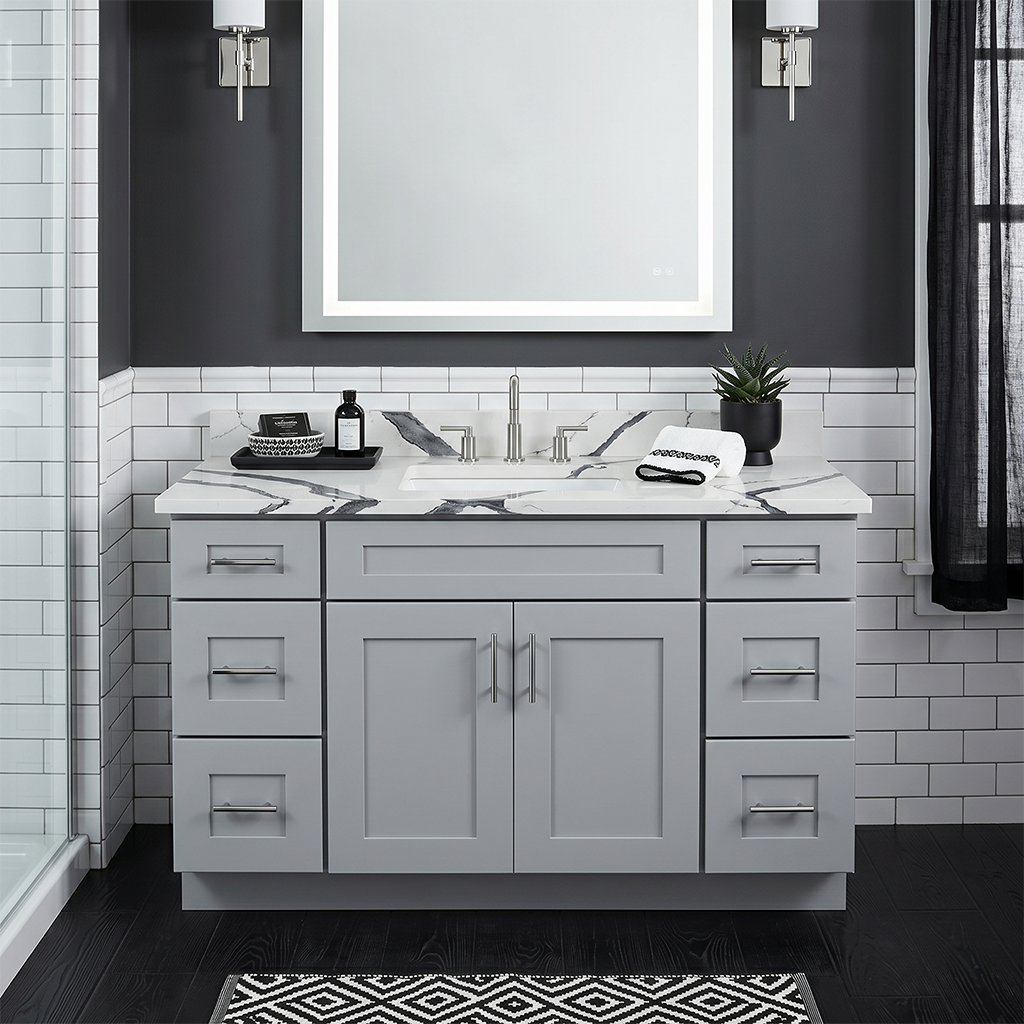 RTA Grey Shaker 54" Freestanding Bathroom Vanity 6-Drawer Combo Base