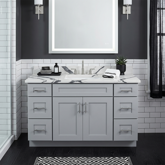RTA Grey Shaker 54" Freestanding Bathroom Vanity 6-Drawer Combo Base