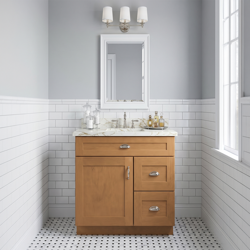 RTA Warm Timber Shaker 30" Freestanding Bathroom Vanity 2-Drawer Right Combo Base
