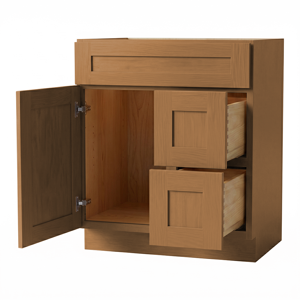 RTA Warm Timber Shaker 30" Freestanding Bathroom Vanity 2-Drawer Right Combo Base