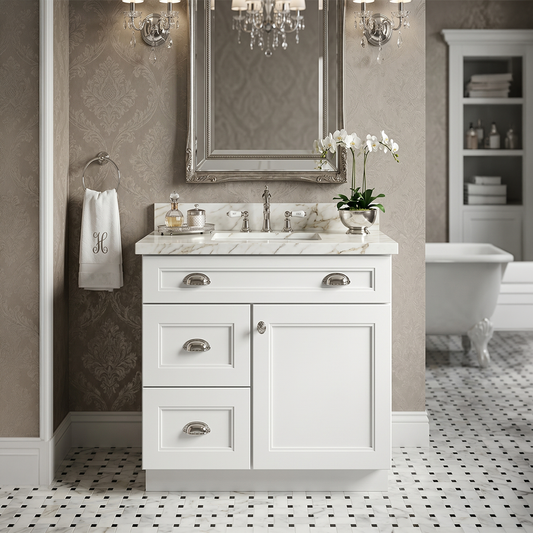 RTA White Double Shaker 30" Freestanding Bathroom Vanity 2-Drawer Left Combo Base