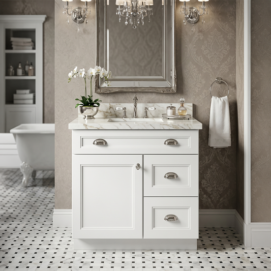 RTA White Double Shaker 30" Freestanding Bathroom Vanity 2-Drawer Right Combo Base