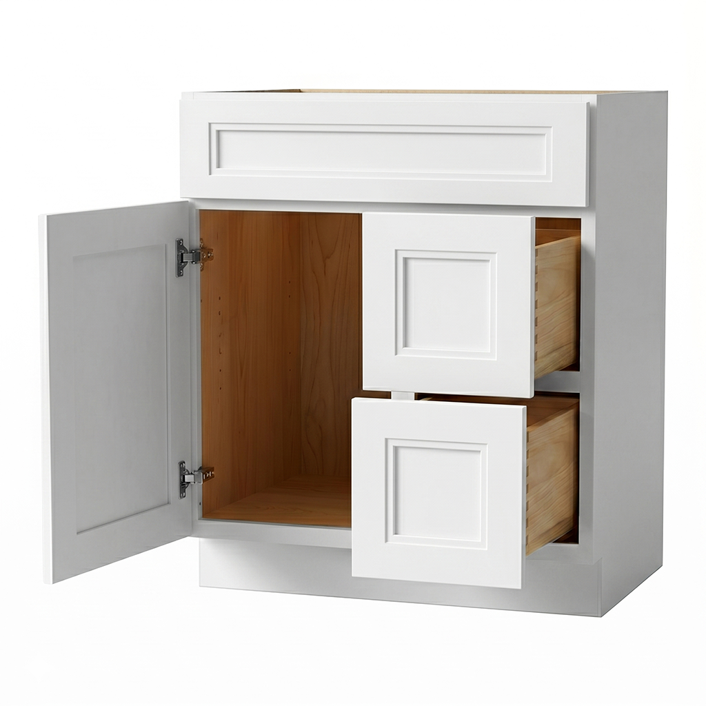 RTA White Double Shaker 30" Freestanding Bathroom Vanity 2-Drawer Right Combo Base