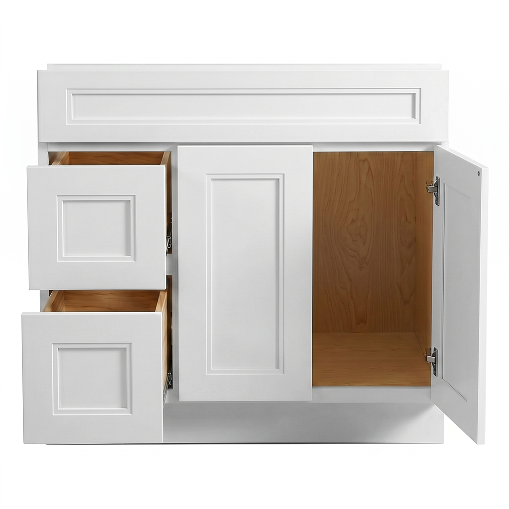 RTA White Double Shaker 36" Freestanding Bathroom Vanity 2-Drawer Left Combo Base