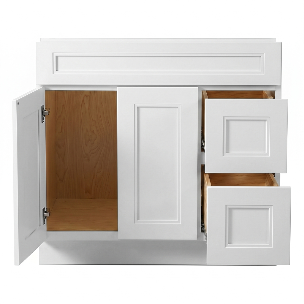 RTA White Double Shaker 36" Freestanding Bathroom Vanity 2-Drawer Right Combo Base