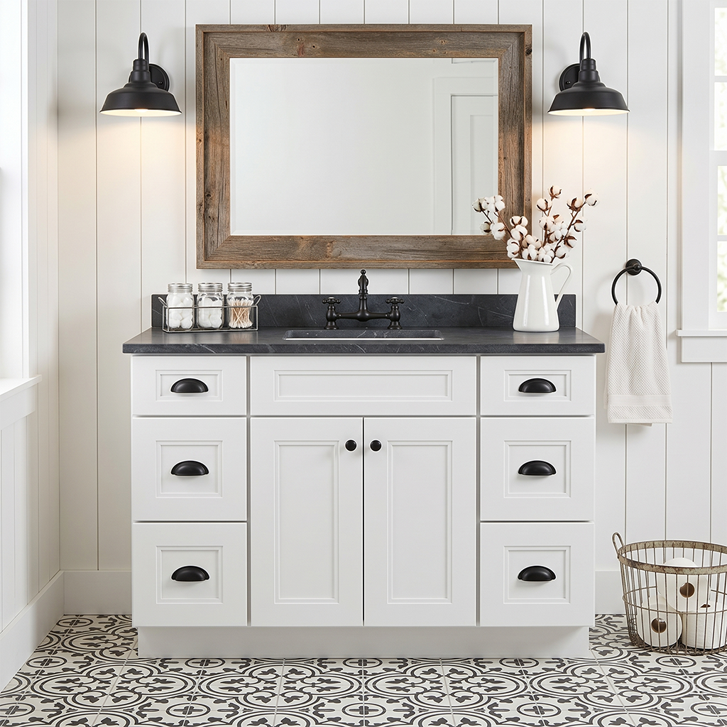RTA White Double Shaker 48" Freestanding Bathroom Vanity 6-Drawer Combo Base