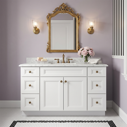 RTA White Double Shaker 54" Freestanding Bathroom Vanity 6-Drawer Combo Base