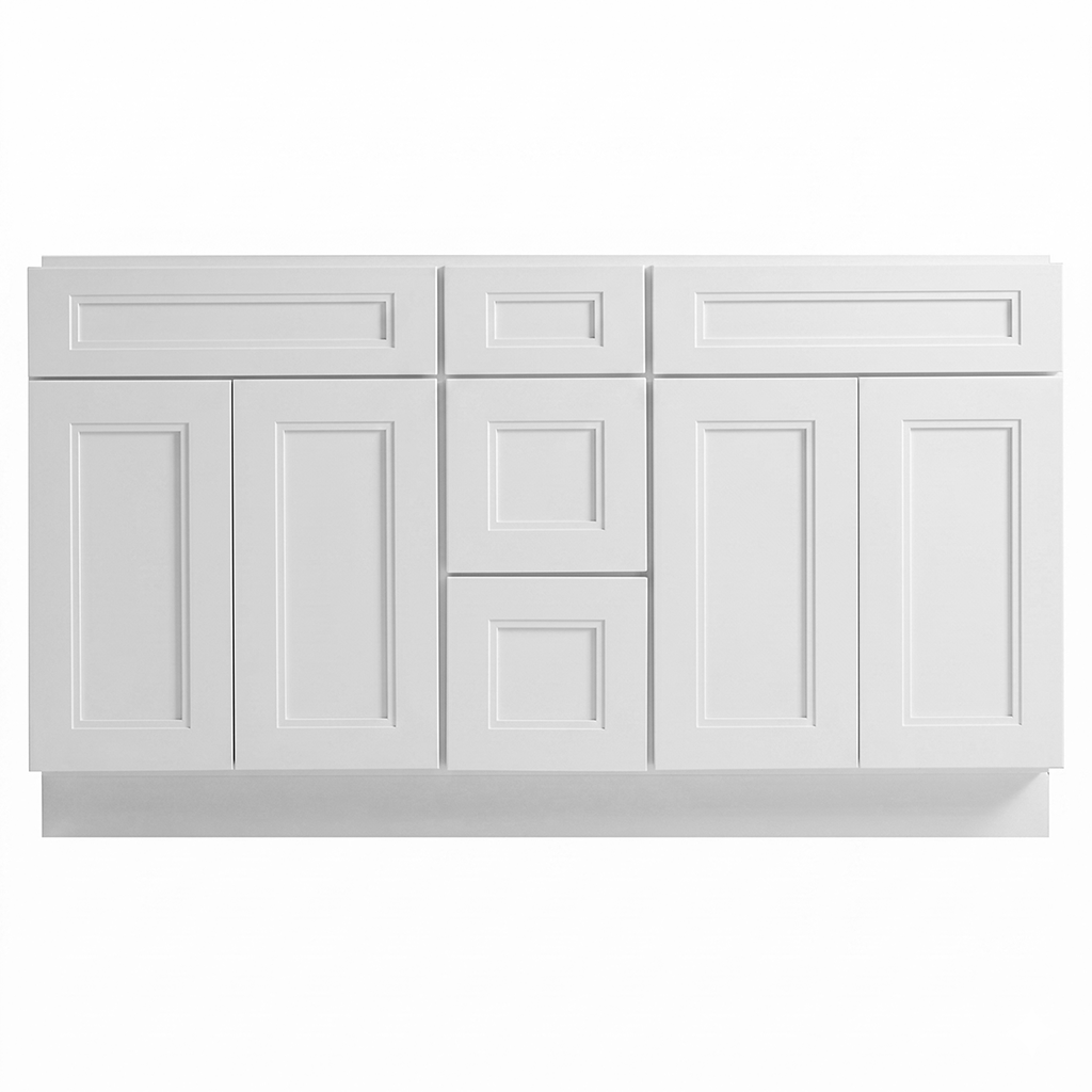 RTA White Double Shaker 60" Freestanding Bathroom Vanity 3-Drawer Combo Base