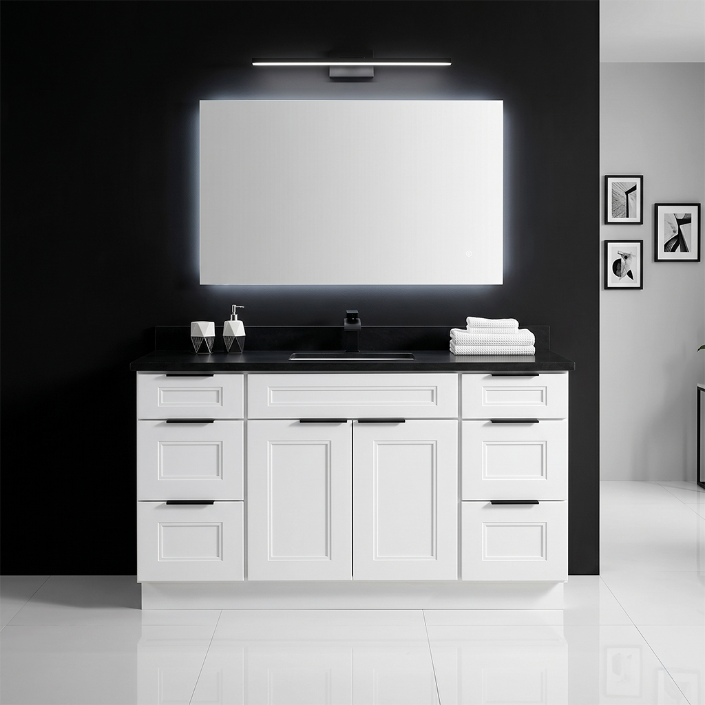 RTA White Double Shaker 60" Freestanding Bathroom Vanity 6-Drawer Combo Base
