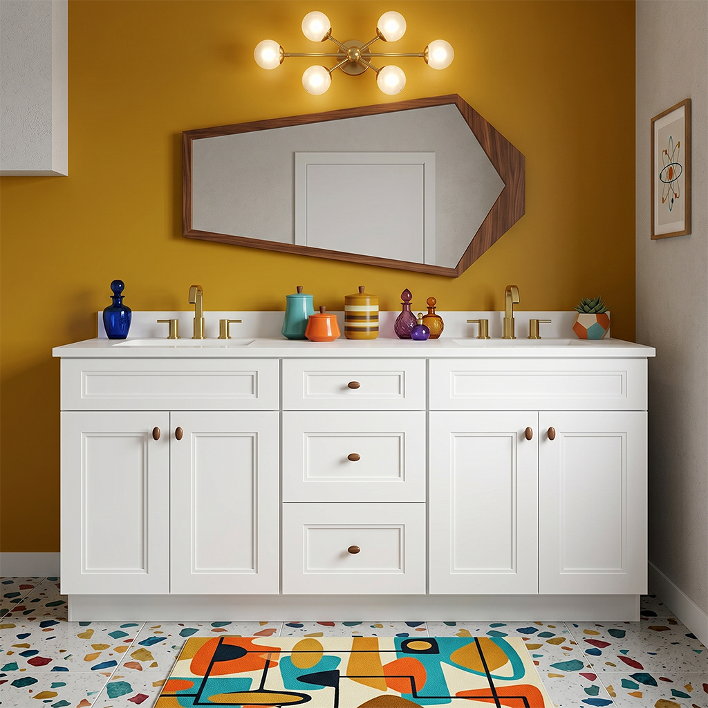 RTA White Double Shaker 72" Freestanding Bathroom Vanity 3-Drawer Combo Base