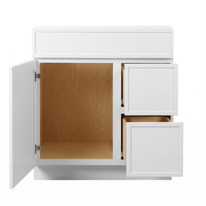 RTA White Slim Shaker 30" Freestanding Bathroom Vanity 2-Drawer Right Combo Base