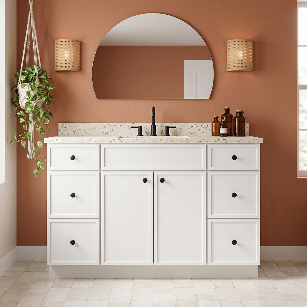 RTA White Slim Shaker 48" Freestanding Bathroom Vanity 6-Drawer Combo Base