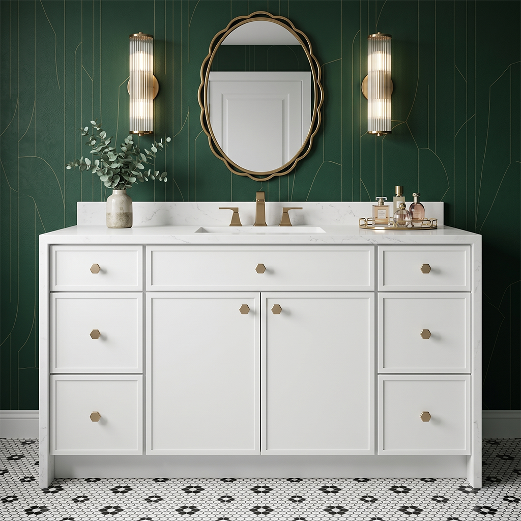 RTA White Slim Shaker 54" Freestanding Bathroom Vanity 6-Drawer Combo Base