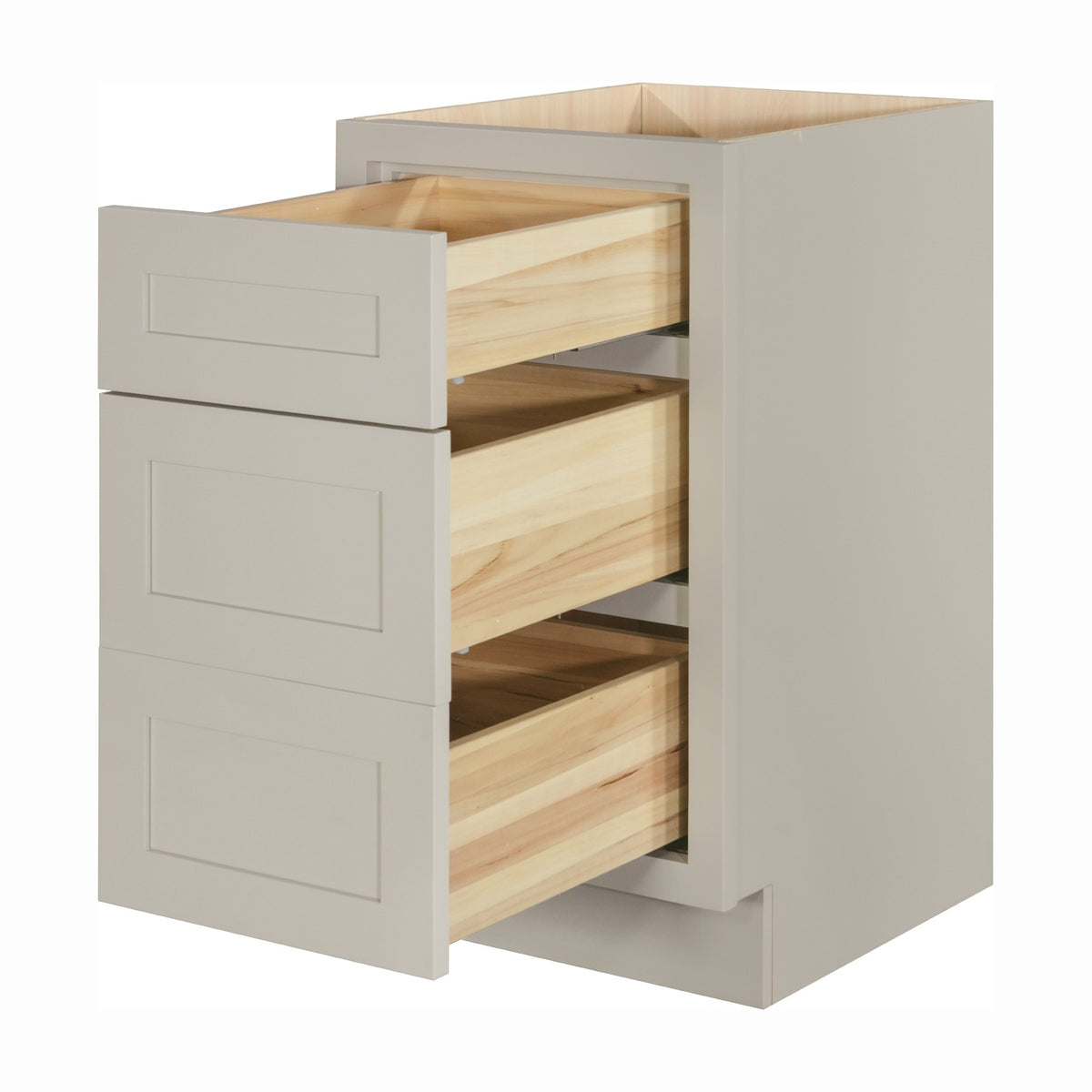 18 inch freestanding bathroom vanity drawer base in Tuscan Grey with inset Shaker fronts, drawers and doors open
