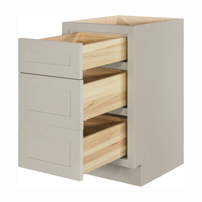 18 inch freestanding bathroom vanity drawer base in Tuscan Grey with inset Shaker fronts, drawers and doors open