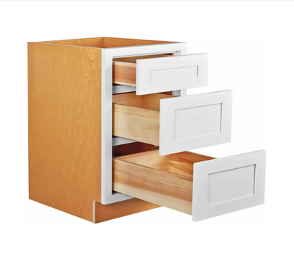 RTA 21"W Kitchen Three Drawer Base Cabinet in Snow White Inset Shaker