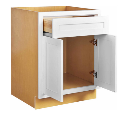 RTA 24"W Kitchen Base Cabinet with Double Doors and One Drawer in Snow White Inset Shaker