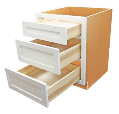 RTA 24"W Kitchen Three Drawer Base Cabinet in Snow White Inset Shaker