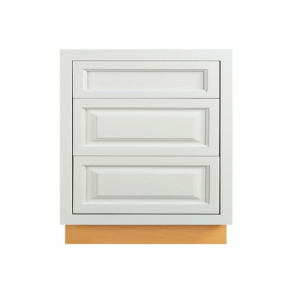 RTA 27"W Kitchen Three Drawer Base Cabinet in Vintage White Inset Raised Panel