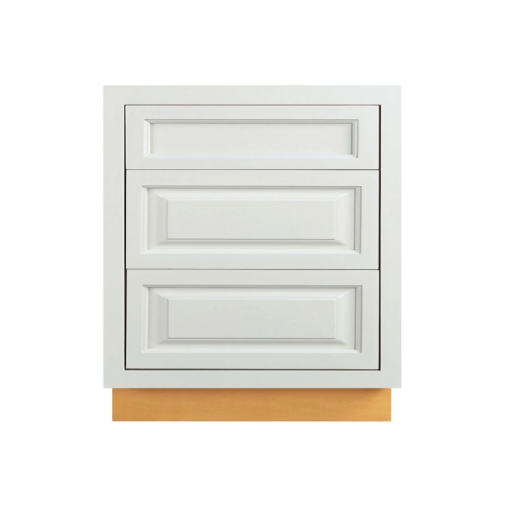 RTA 27"W Kitchen Three Drawer Base Cabinet in Vintage White Inset Raised Panel
