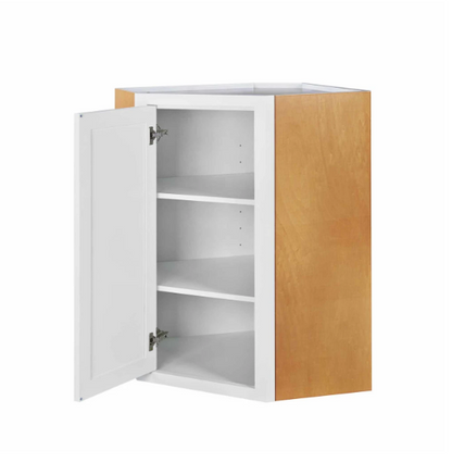 Snow White wall diagonal corner cabinet with single door and two shelves, 27"W x 30"H