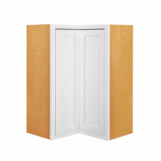 Snow White finish on a 27"W x 30"H wall EasyReach corner cabinet with bi-folding doors