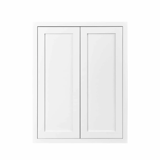Inset Shaker wall cabinet with double doors and two shelves in Snow White, 27"W x 39"H