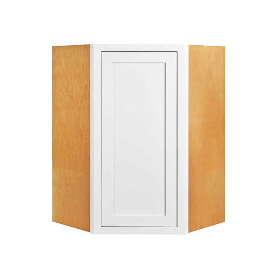 RTA 27"W x 39"H Kitchen Wall Diagonal Corner Cabinet with Single Door and Two Shelves in Snow White Inset Shaker