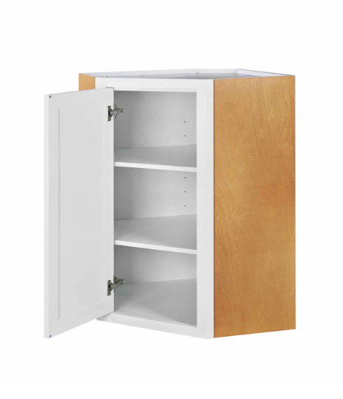 RTA 27"W x 39"H Kitchen Wall Diagonal Corner Cabinet with Single Door and Two Shelves in Snow White Inset Shaker