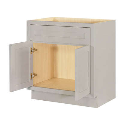 30 inch freestanding bathroom vanity sink base in Tuscan Grey with inset Shaker fronts, drawers and doors open