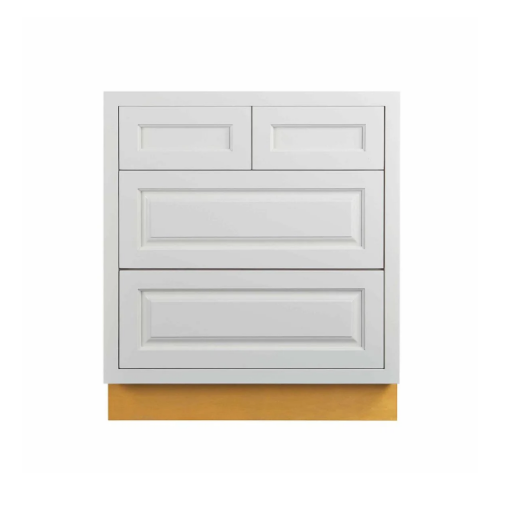 Four drawer base cabinet, 30"W, finished in Vintage White