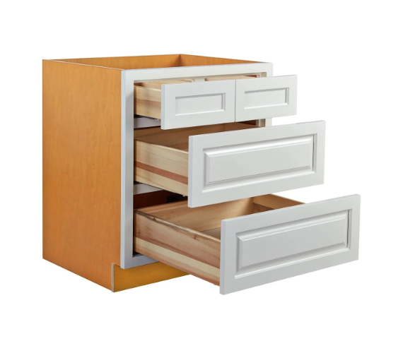 RTA 30"W Kitchen Four Drawer Base Cabinet in Vintage White Inset Raised Panel
