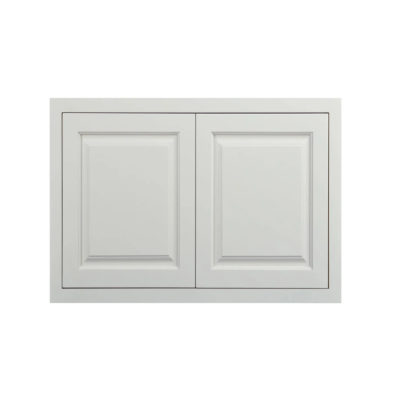 Vintage White wall appliance cabinet with double doors measuring 30"W x 21"H