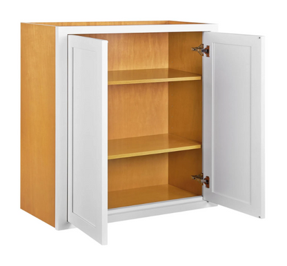RTA 30"W x 30"H Kitchen Wall Cabinet with Double Doors and Two Shelves in Snow White Inset Shaker
