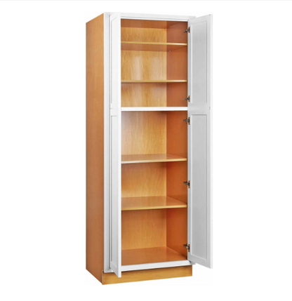 RTA 30"W x 84"H Kitchen Pantry Cabinet with Four Doors and Four Shelves in Snow White Inset Shaker