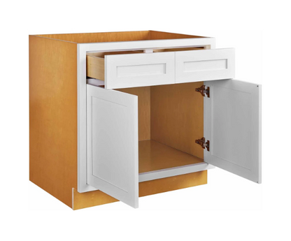 RTA 33"W Kitchen Base Cabinet with Double Doors and Double Drawers in Snow White Inset Shaker