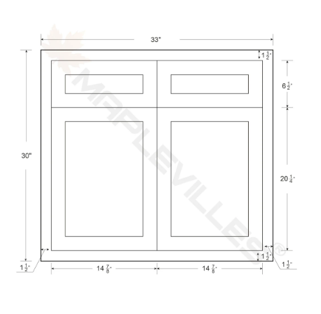 RTA 33"W Kitchen Base Cabinet with Double Doors and Double Drawers in Snow White Inset Shaker