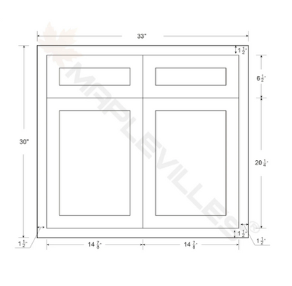 RTA 33"W Kitchen Base Cabinet with Double Doors and Double Drawers in Vintage White Inset Raised Panel
